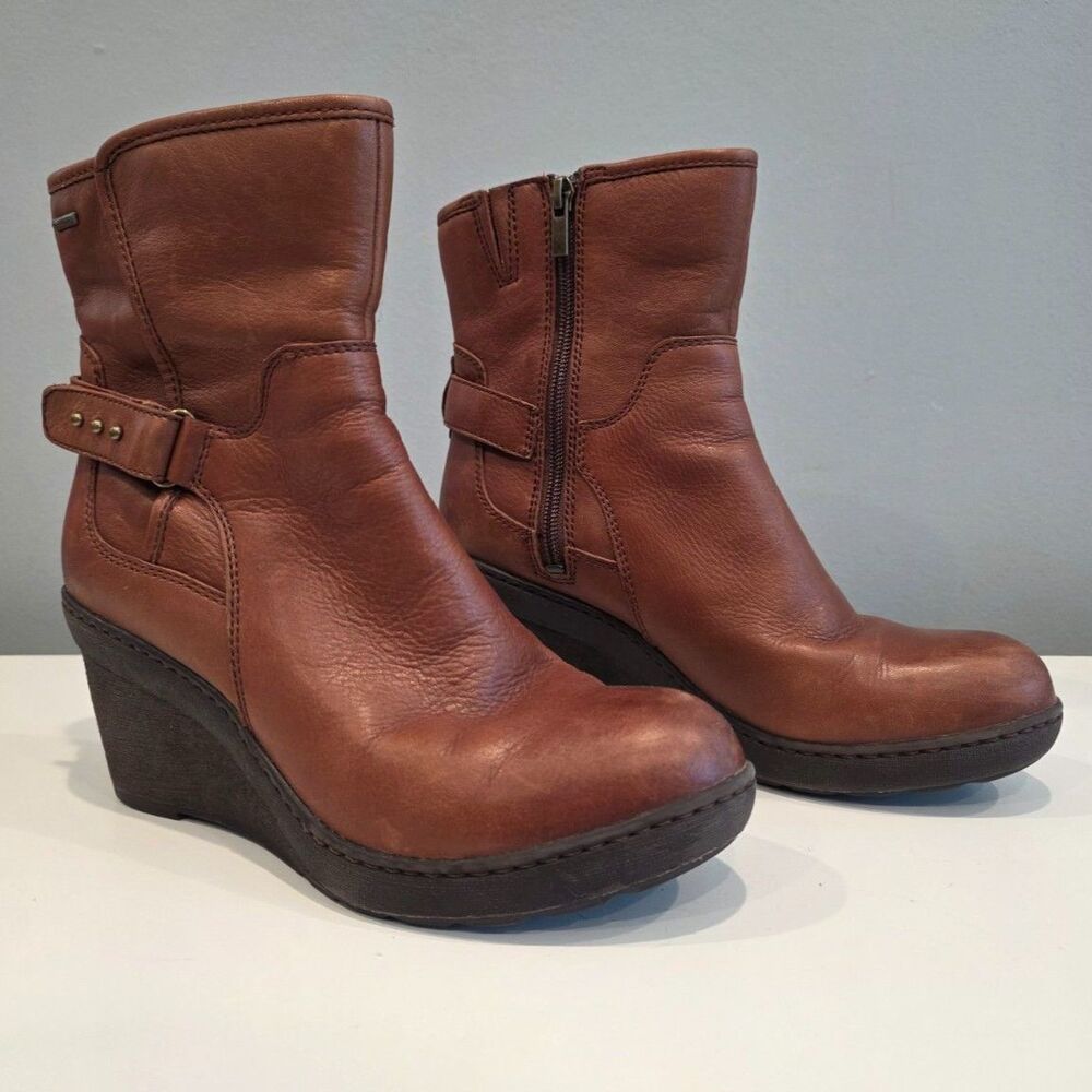 Clarks Artisan Natira Kit GTX Brown Leather Waterproof Wedge Ankle Boots 8.5